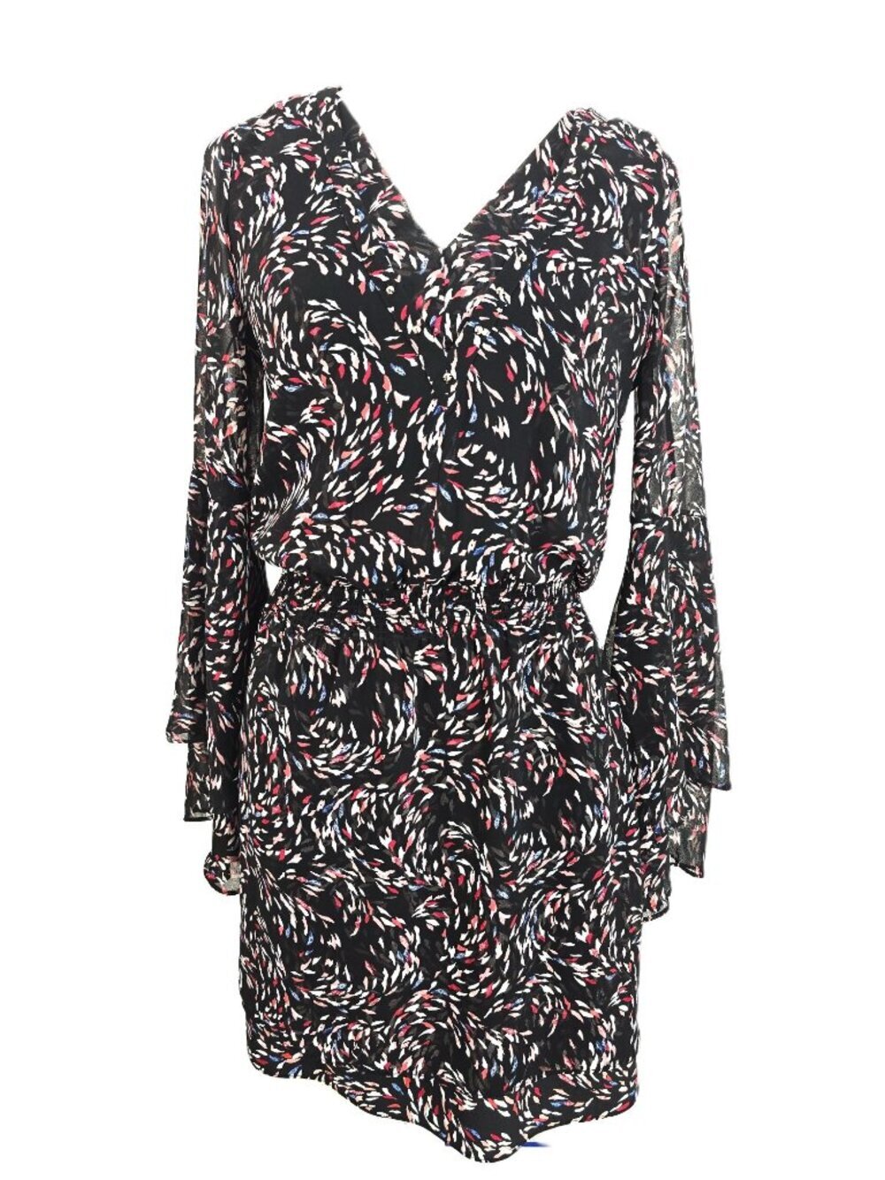 White House Black Market Black Bell Sleeve Smocked Waist Mini Dress Women Size 0